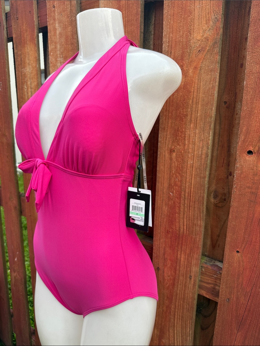 DKNY Hot Pink Plunging Tie Front Halter One Piece Swimsuit Bathing Suit NWT 8 - Picture 5 of 9